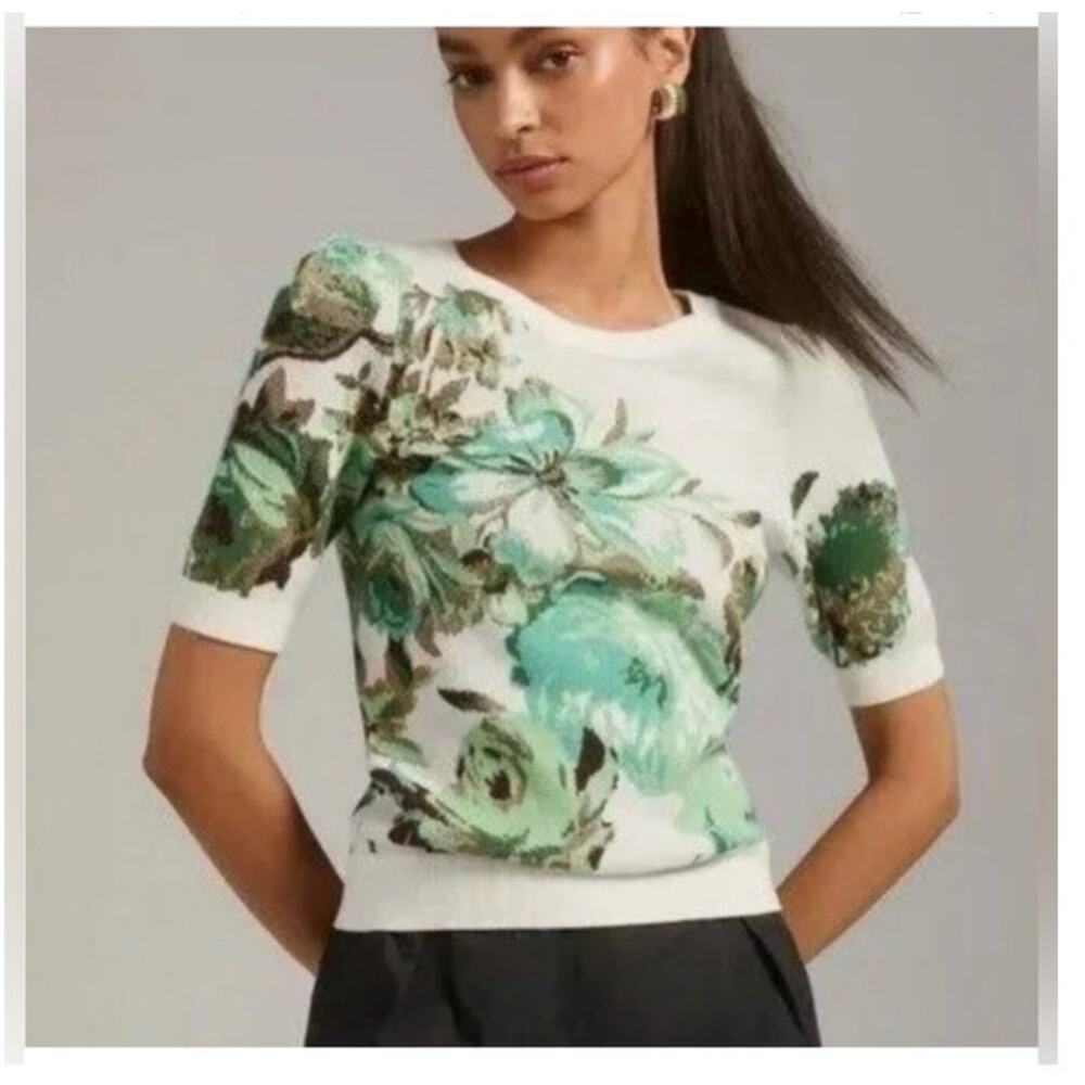 Maeve Anthropologie Harmon Jacquard Sweater Tee Womens M Green Cream Floral